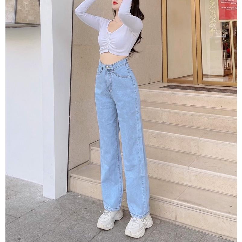 Quần jean lưng cao ống đứng lên dáng chuẩn màu xanh nhạt xanh quần lưng cao hắck dáng