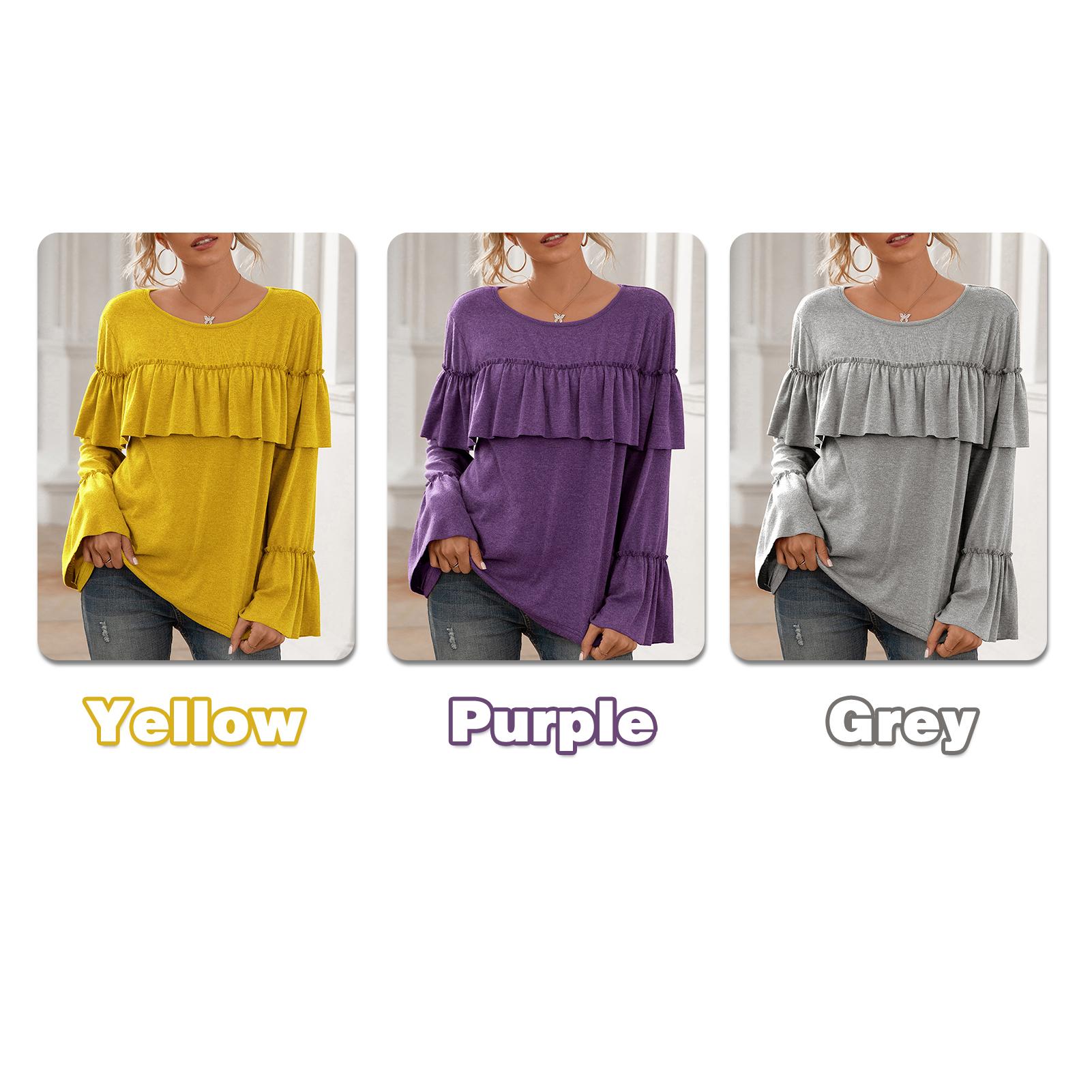 Women Long Flare Sleeve Shirt Ruffles O-Neck Pullover Casual Loose Fit Solid Tops