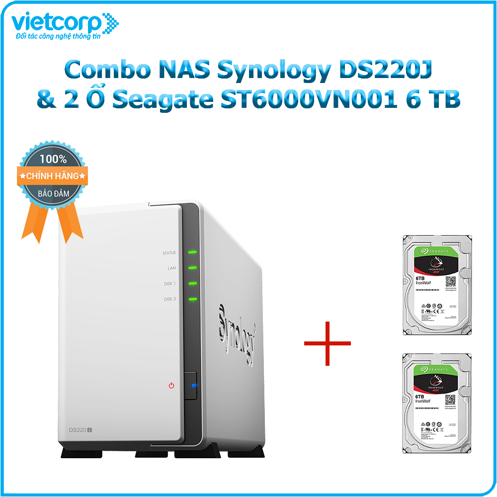 Combo Thiết bị lưu trữ NAS Synology DS220J và 2 Ổ cứng Seagate ST6000VN001 6 TB - Hàng Chính Hãng