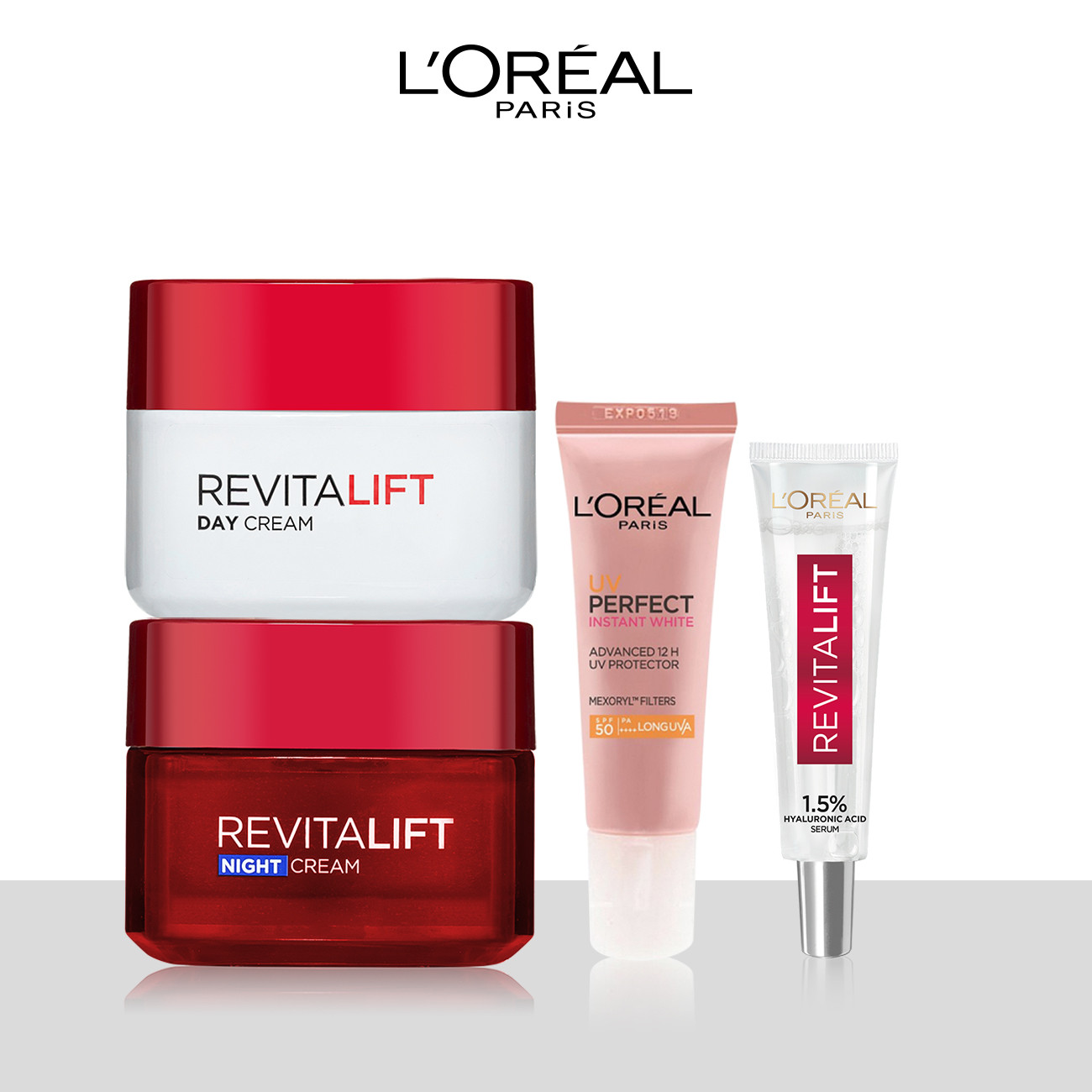 Bộ đôi kem dưỡng chống lão hóa dưỡng ẩm,bảo vệ da ngày và đêm L'Oreal Paris Revitalift (Kem N-D,HA mini,KCN mini)