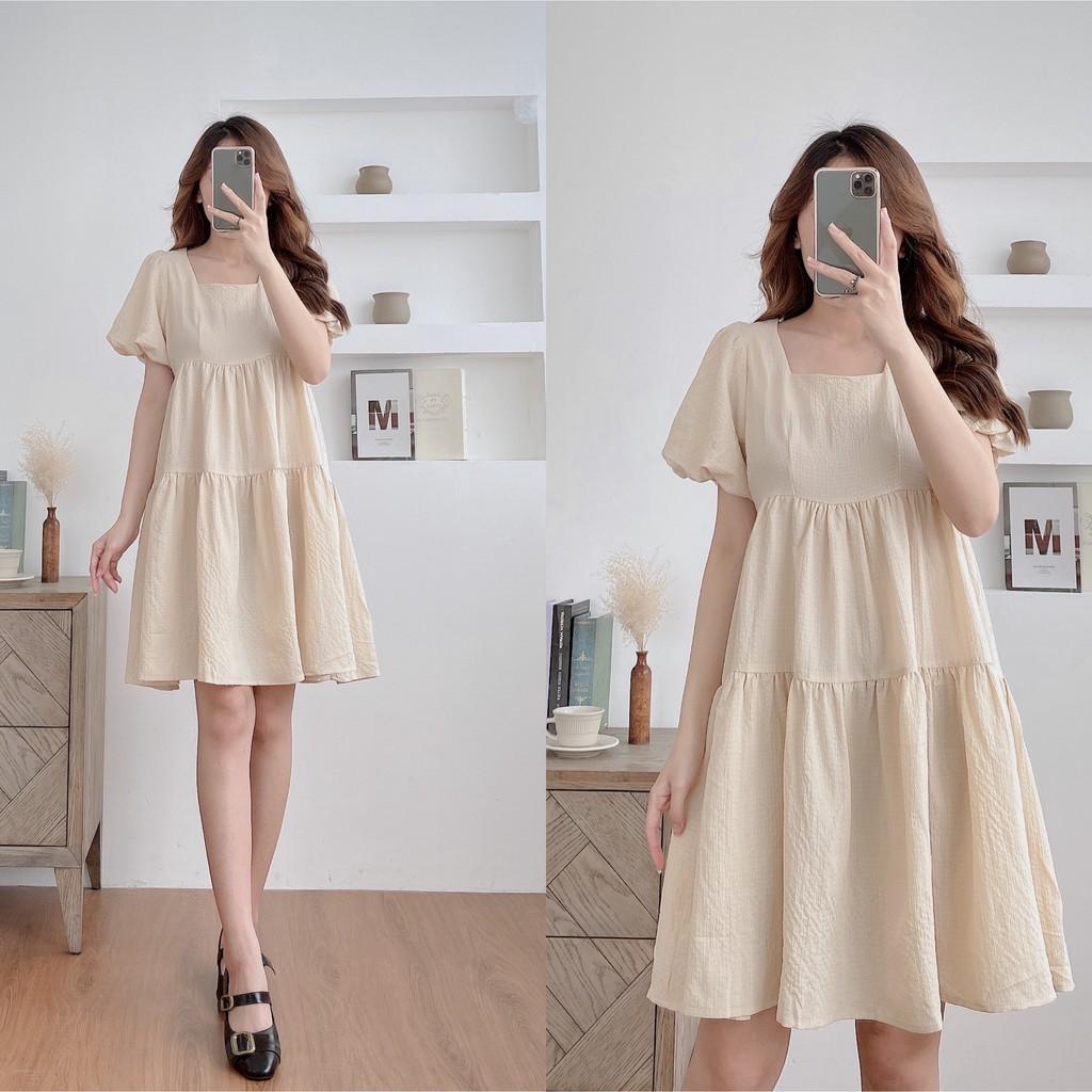 Váy baybydoll 2 tầng, cổ vuông, tay bo phồng, đầm xuông rộng freesize 3 màu mã V176 - Michi's House