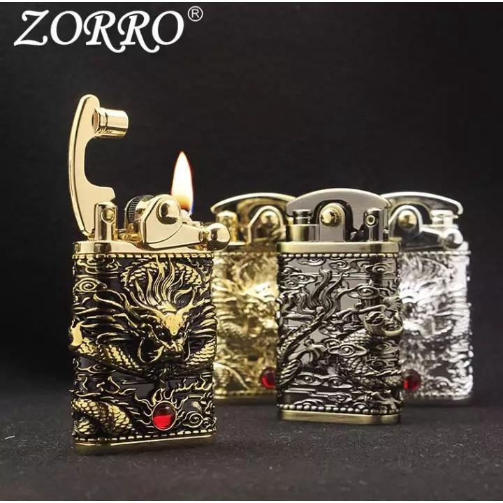 Bật Lửa ZORRO Xăng Đá Z608 đồng nguyên khối điêu khắc hình rồng sang trọng