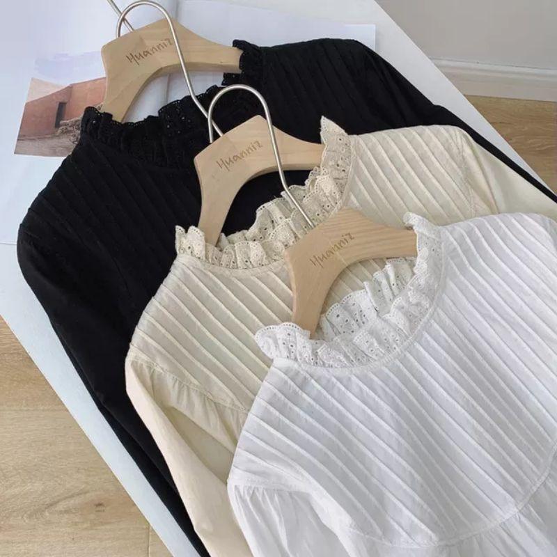 Áo babydoll xếp li ngực cổ ren vintage ảnh thật