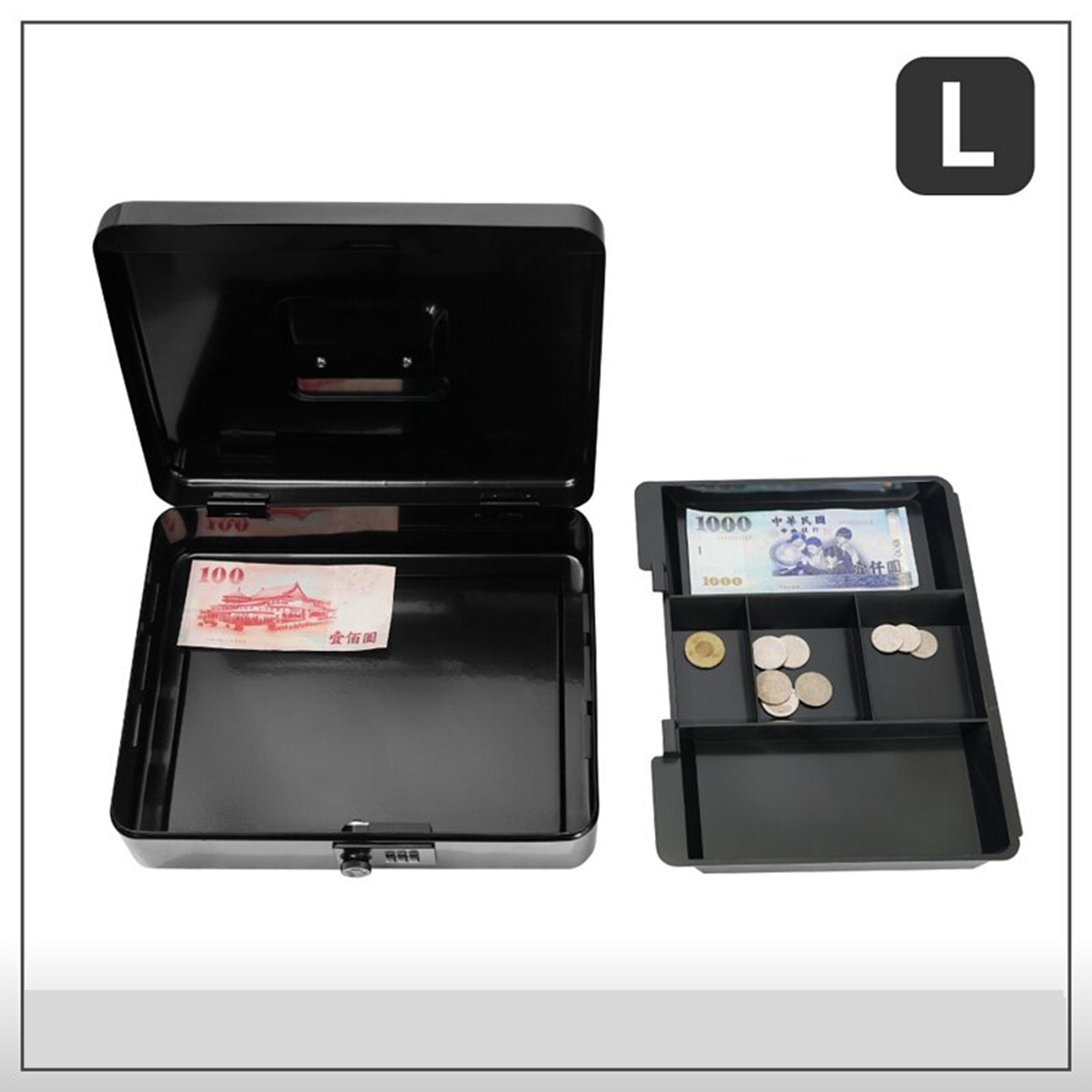 Hộp két sắt chữ nhật đựng tiền mặt và đồ vật nhỏ có giá trị - khóa mật khẩu an toàn - Màu đen - Size L