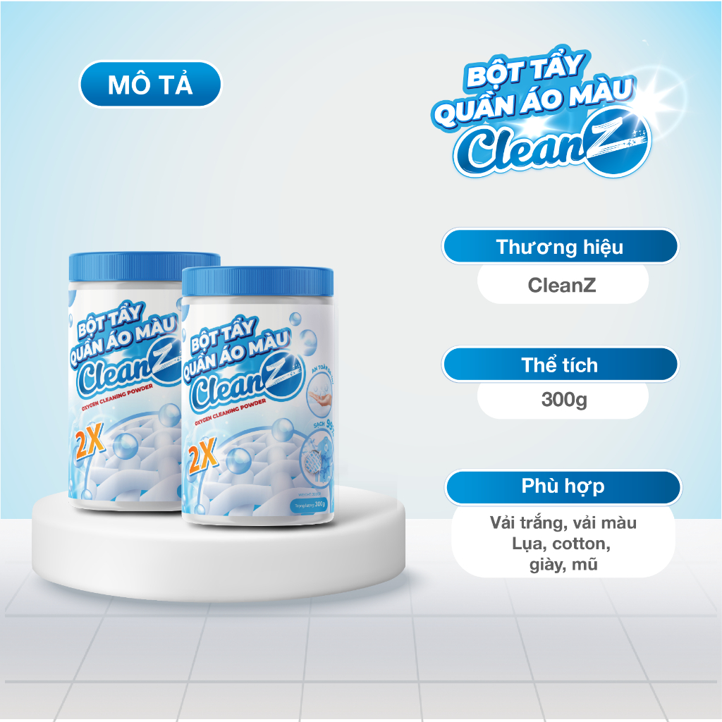 Bột tẩy quần áo màu CleanZ 300g đánh bay vết bẩn, ố màu giúp làm sạch quần áo như mới