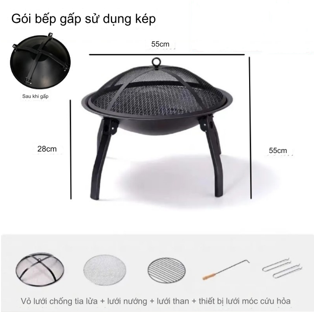 Bếp Lò Nướng Than Hoa BBQ Có thể xếp gọn Charcoal Brazier USA Full Option