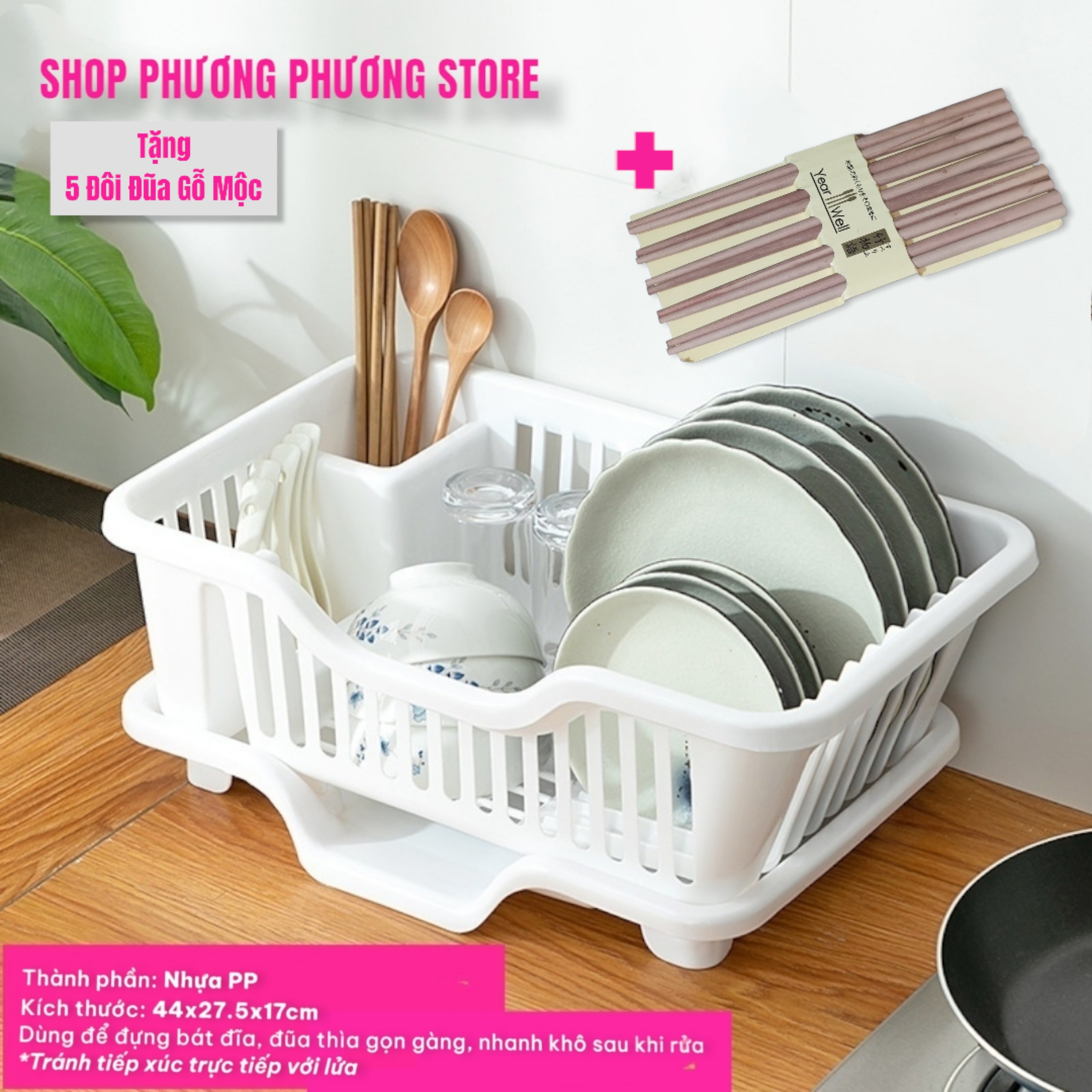 Khay Đựng Chén Bát, Đĩa, Thìa, Đũa Có Khay Thoát Nước ( Tặng Sét 5 Đôi Đũa Gỗ Mộc }