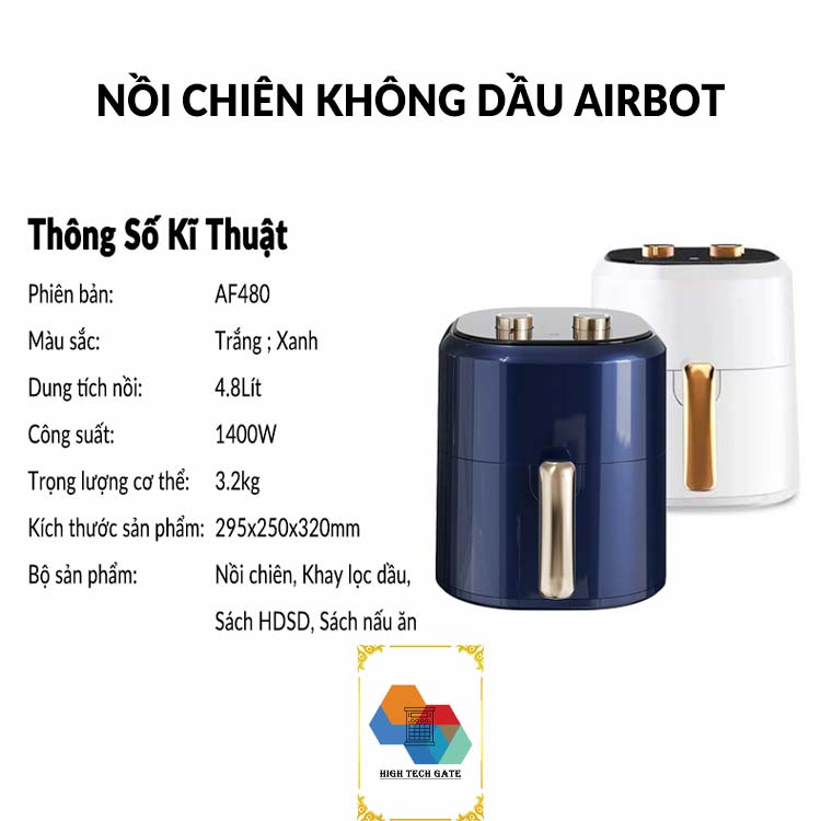 Nồi chiên không dầu Airbot AF480 dung tích 4.8 Lít, công nghệ gió xoáy 3D turbo, chống dính và tự động bật/tắt an toàn, có hẹn giờ, hàng chính hãng