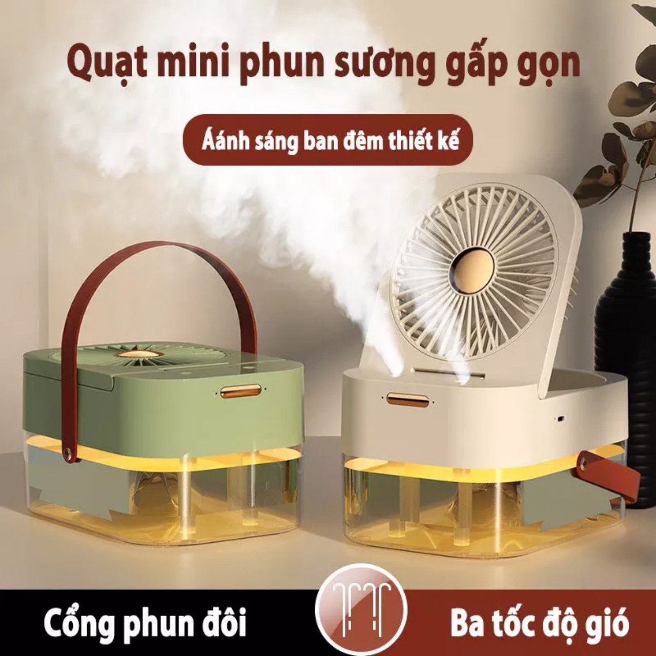 Quạt Hơi Nước Phun Sương , Khay Chứa Nước 2,5L ONION Q7 Cao Cấp gấp gọn, Máy điều hòa không khí mini, quạt phun sương, tinh dầu kèm đèn led