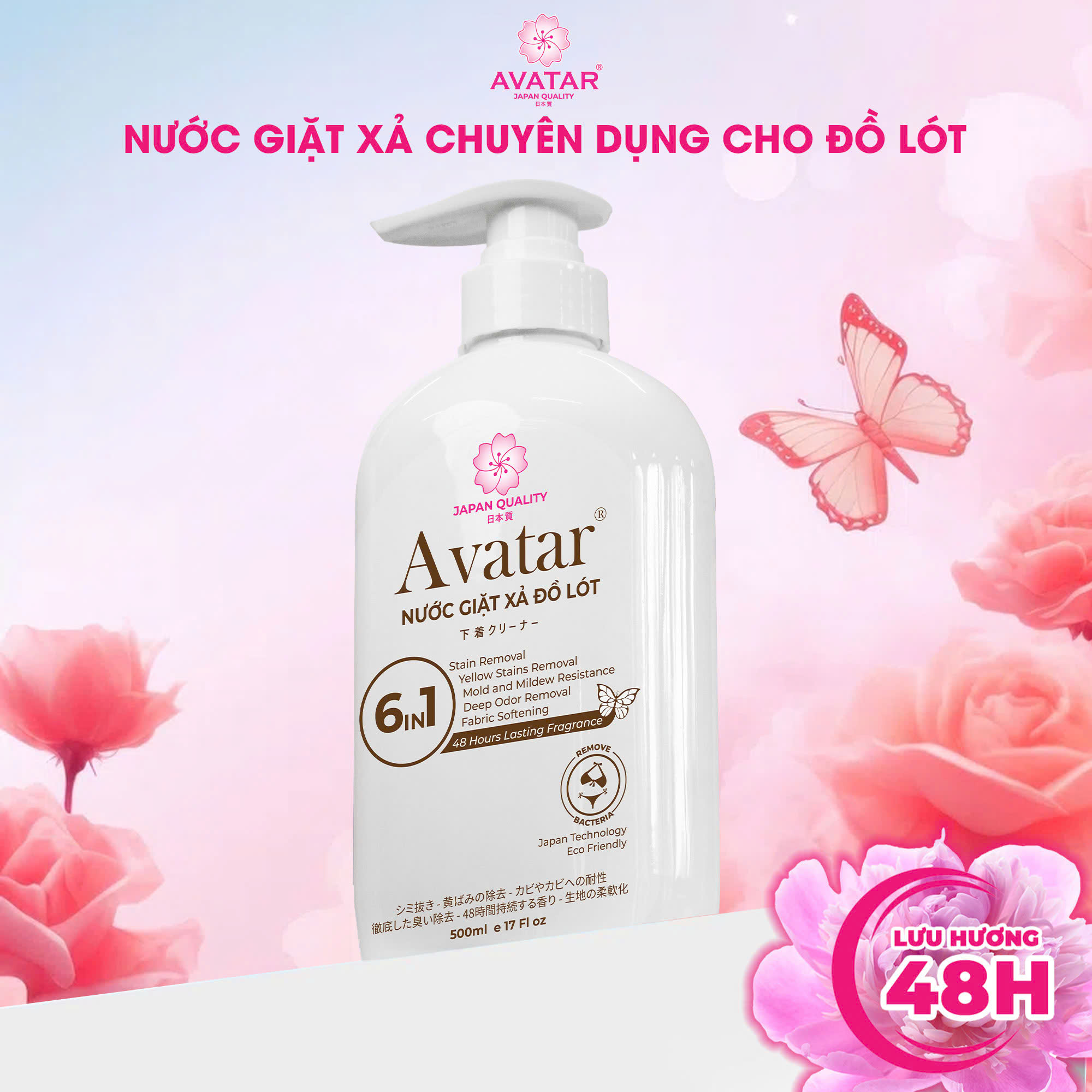 Nước giặt đồ lót AVATAR lưu hương 48 hours 6 in1 (Chai 500ML) - Hương Hoa Cỏ Tươi Mát