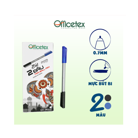 Hộp 20 Cây Bút Bi Hai Đầu Mực Xanh Đen Officetex - OT-TP002