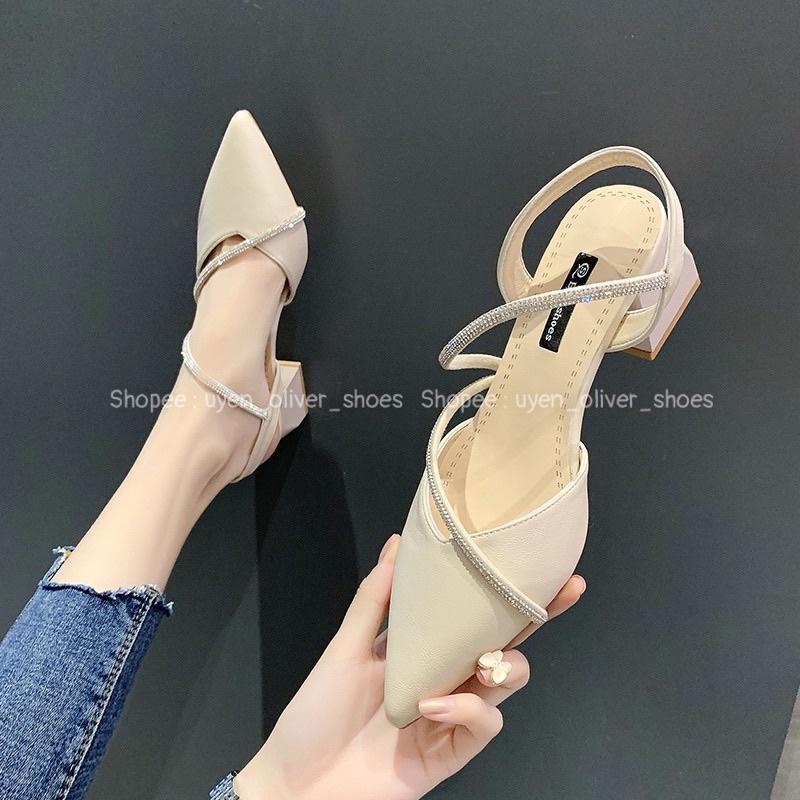 Giày sandal nữ đính đá gót vuông 4cm sang chảnh