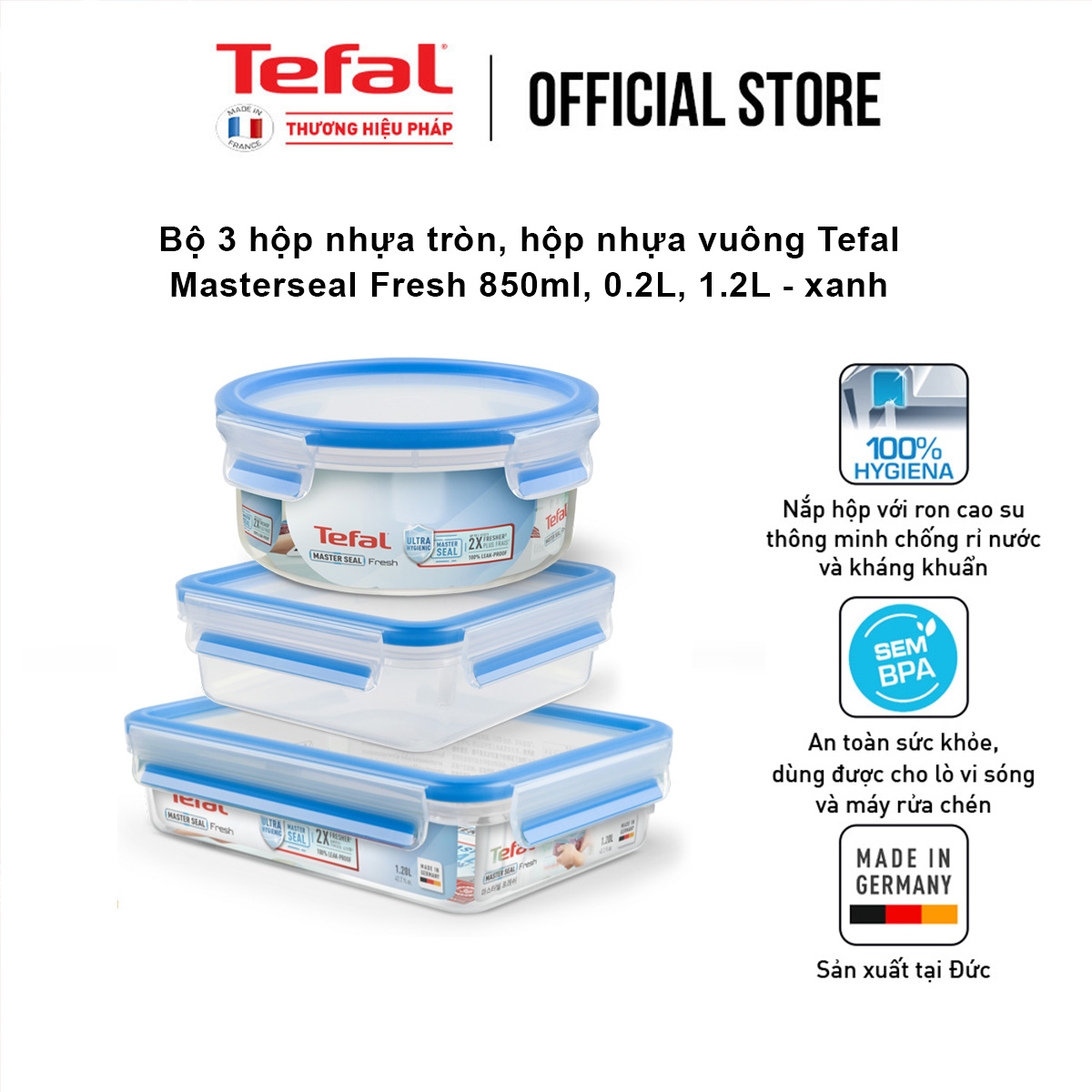 Bộ 3 hộp nhựa tròn, hộp nhựa vuông Tefal Masterseal Fresh 850ml, 0.2L, 1.2L - xanh