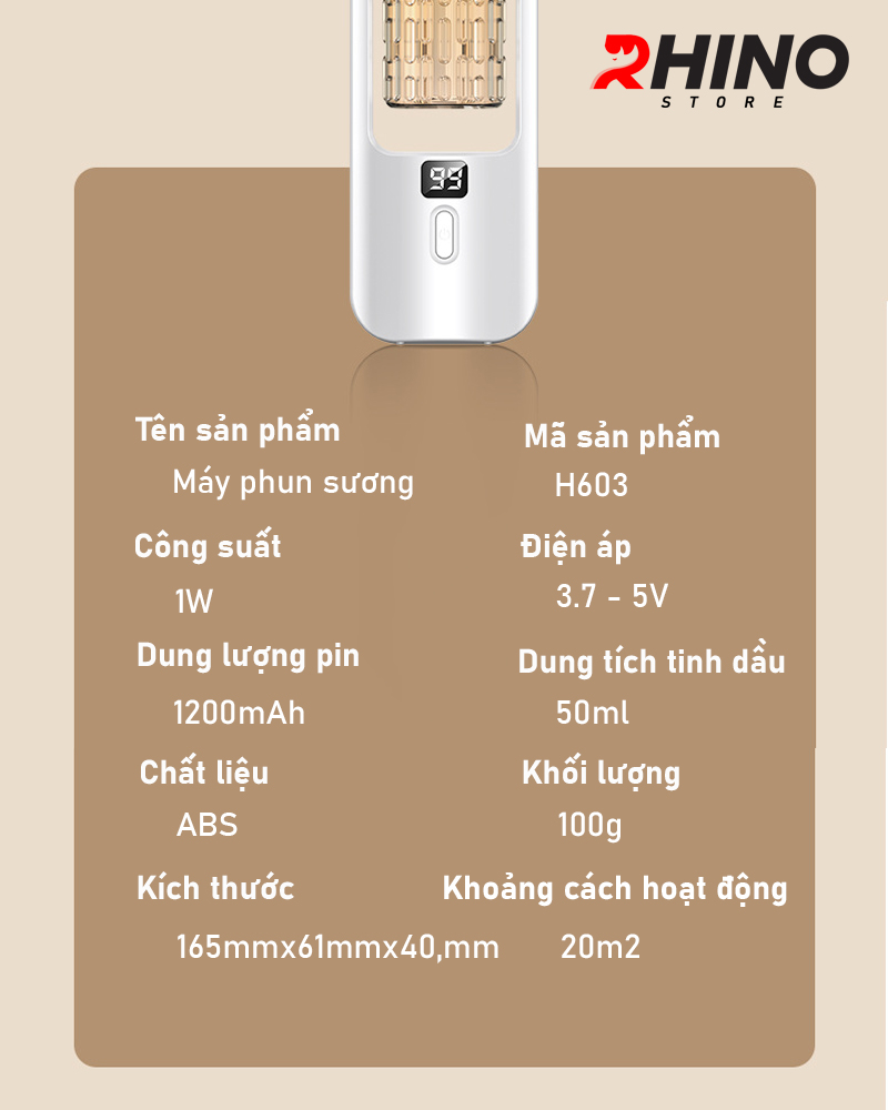 Máy phun sương tinh dầu Rhino H603 tạo ẩm 5 chế độ, tích điện, nhỏ gọn, tích hợp đèn LED - Hàng chính hãng