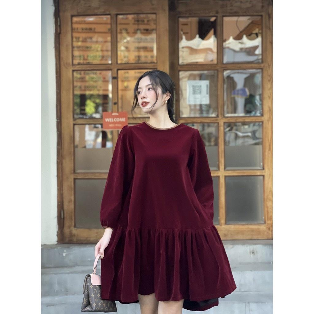 Váy bầu thu đông -đầm bầu Đỏ Nhung Cúc xinh xắn