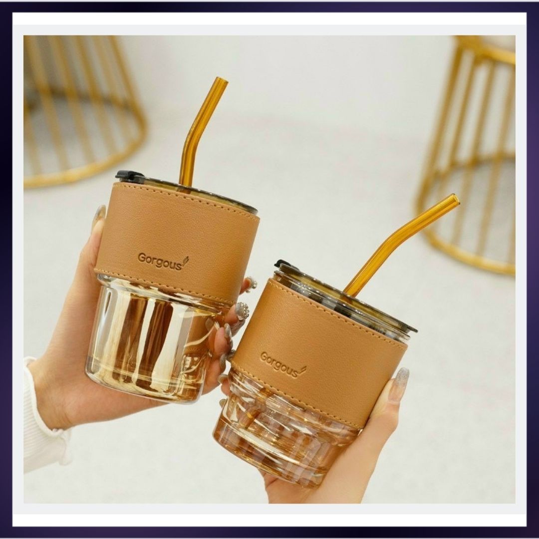 Cốc thủy tinh uống cà phê, trà, nước ép, có ống hút và bao da chống nóng, sang trọng, tiện lợi