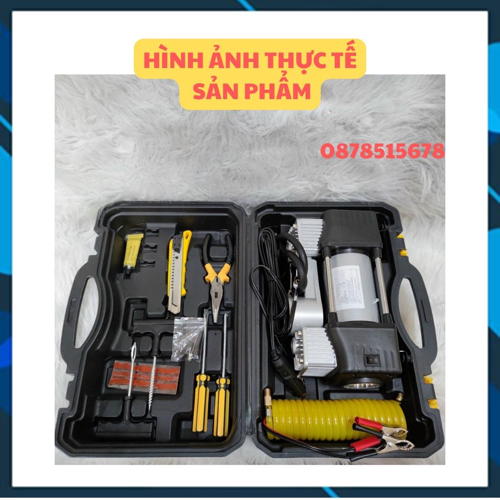 Máy Bơm Lốp Ô Tô 2 Xi Lanh Cực Mạnh Mặt Đồng Hồ Cơ Kèm Bộ Phụ Kiện Chuyên Dụng