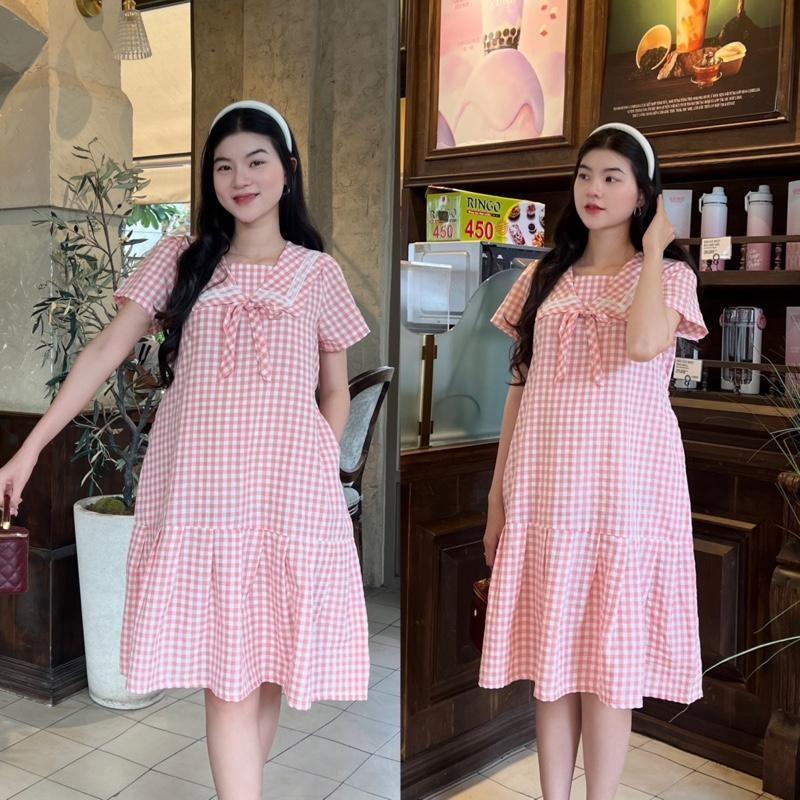 Đầm bầu đuôi cá cổ thuỷ thủ phối viền ren chất Cotton Hàn Váy bầu năng động - Hồng