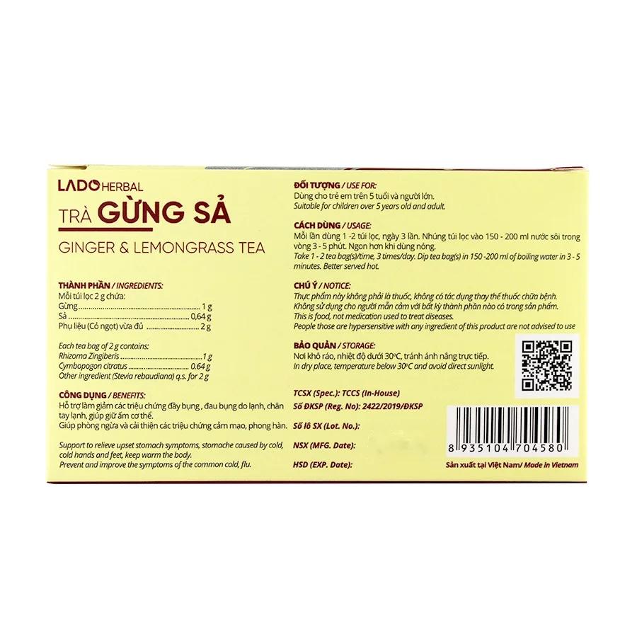 Trà gừng sả Ladophar hộp 20 túi lọc Hỗ trợ làm giảm các triệu chứng đầy bụng , đau bụng do lạnh, chân tay lạnh, giúp giữ ấm cơ thể tặng 1 túi trà