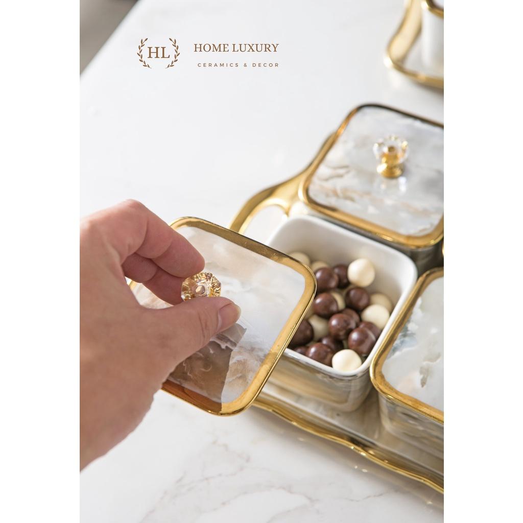 Bộ Mứt Sứ Chữ Nhật Decor Siêu Xinh | Khay đựng bánh kẹo mứt tết 5 ngăn sứ có nắp Cao Cấp Hàn Quốc