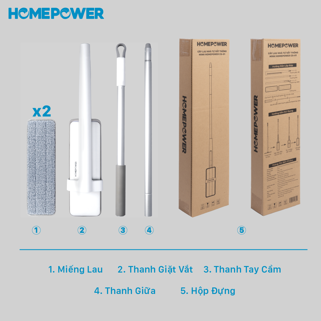 Cây Lau Nhà Tự Vắt Thông Minh 360 Độ Homepower CS-01, Thân Nhôm Sang Trọng, Cao Cấp, Bông Lau Microfiber Siêu Thấm Hút