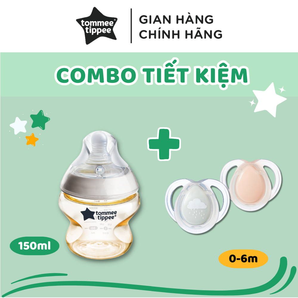 COMBO Ty Ngậm Dạ Quang Tommee Tippee Night Time 0-6m & Bình Sữa PPSU Ty Siêu Mềm Tommee Tippee Natural Start 150ml