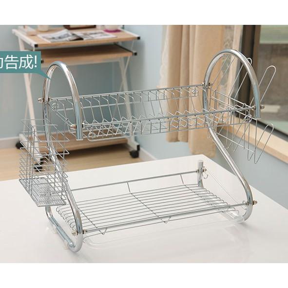 Kệ để chén đĩa 2 tầng bằng inox, Giá úp bát đĩa có ống cắm đũa tiện dụng