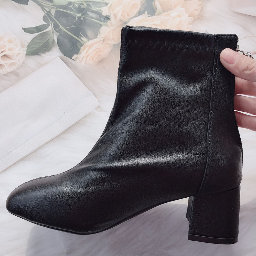 Bốt/ Boots Nữ Cổ Lửng Da Mềm Khoá Sau Vạt Gót vuông 5p  Kèm Tất Gấu Siêu Xinh