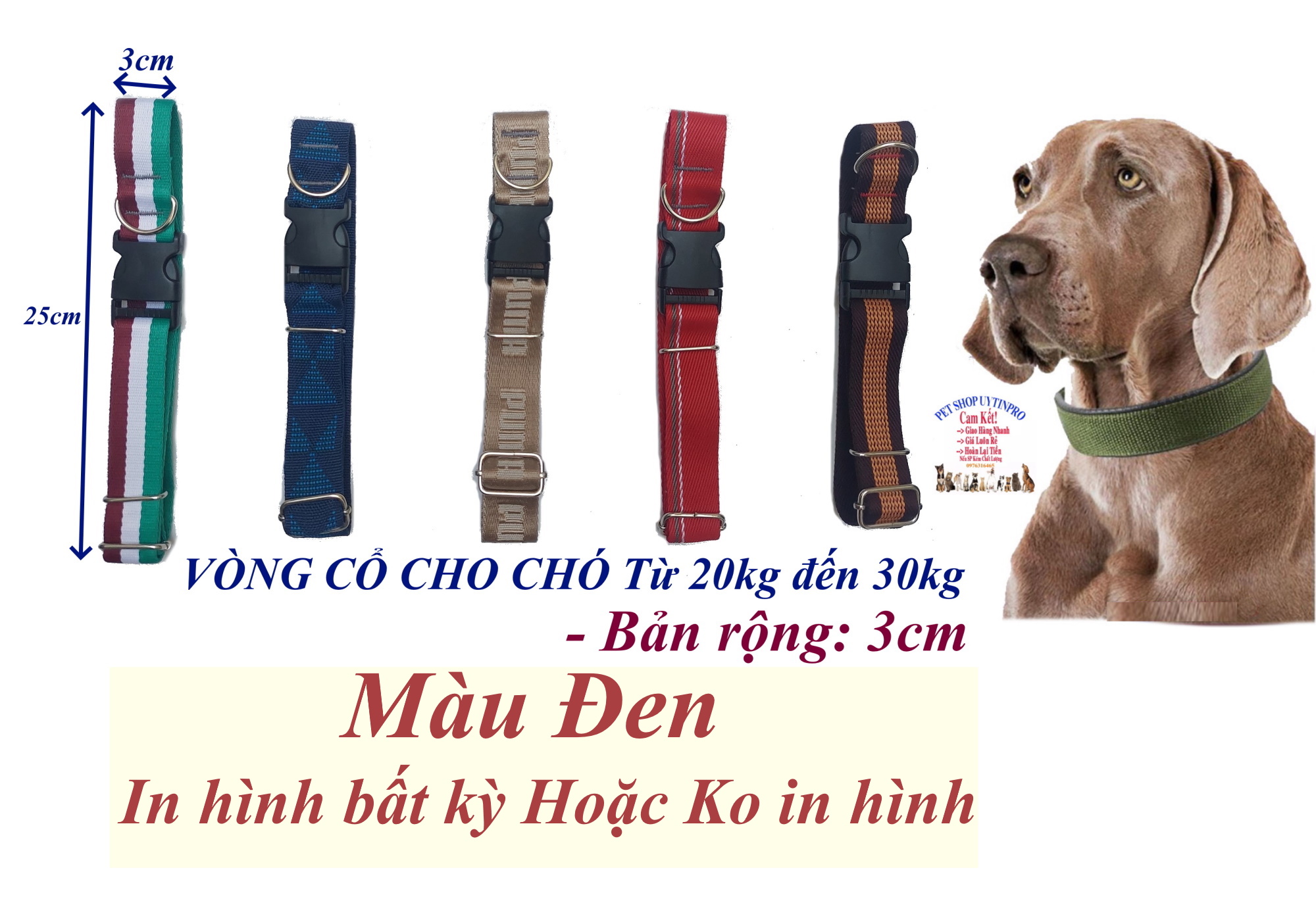 Vòng cổ cho Chó từ 20kg đến 30kg Bản rộng 3cm Chất liệu dù cao cấp, Dày, Chắc chắn, An toàn cho thú cưng