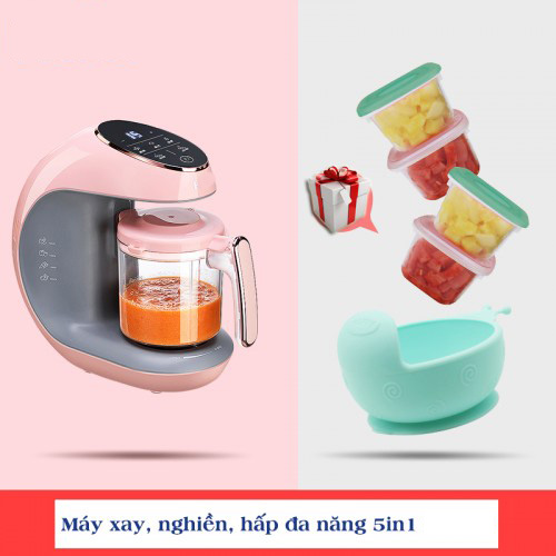 Máy xay hấp nghiền thức ăn đa năng 5in1 tặng bác và hộp đựng thức ăn cho bé (HBB-I0201 hồng)