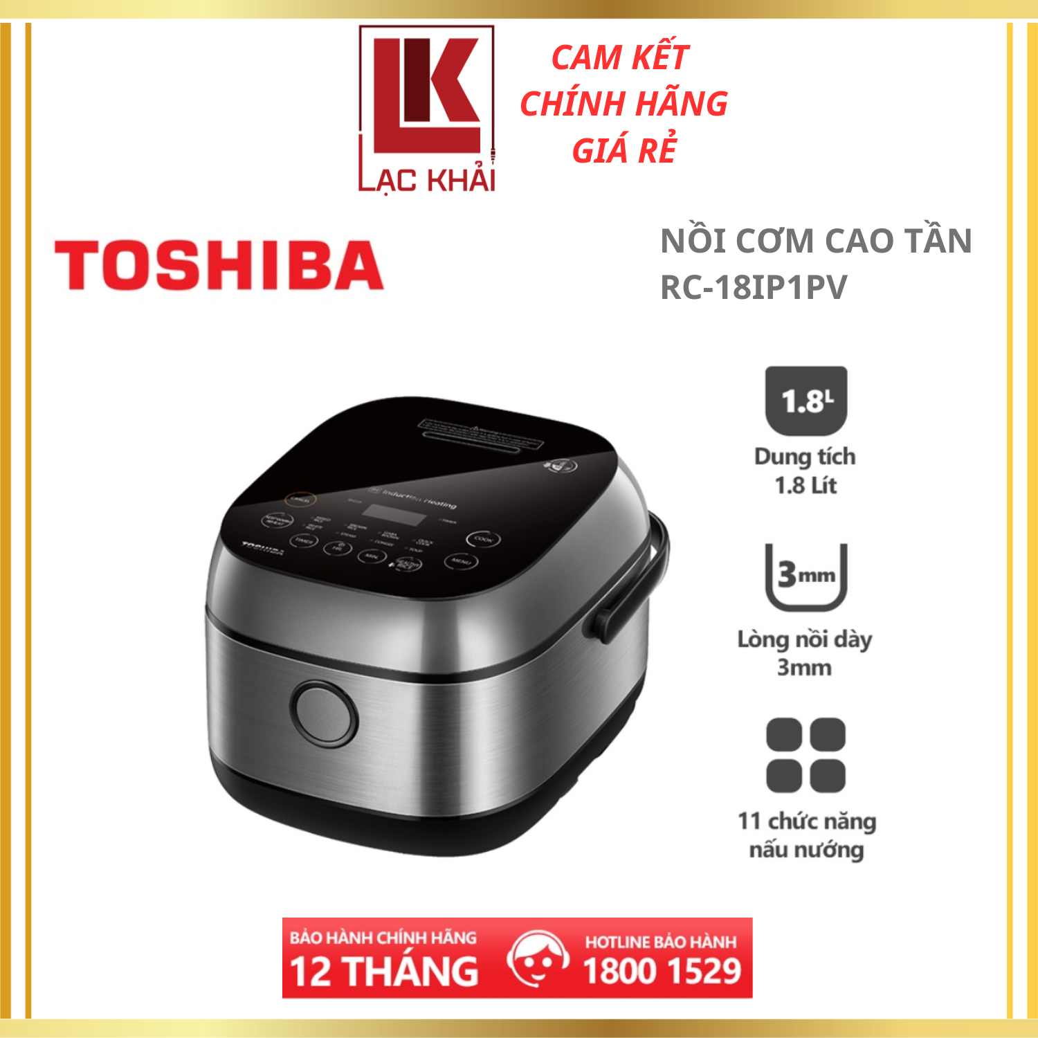 Nồi cơm cao tần Toshiba RC-18IP1PV - 1.8L - Lòng nồi dày 3mm chống dính, Công nghệ cao tần IH 1300W + nhiệt 3D, Chế độ điều chỉnh độ mềm của cơm, Hẹn giờ nấu- Hàng chính hãng, bảo hành 12 tháng