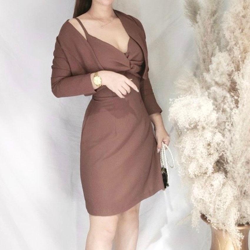 Set đầm dây nâu kèm áo khoác ChubbyBigsize