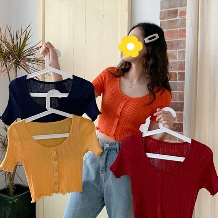 Áo thun len dệt tay ngắn cổ chữ O thời trang cho nữ