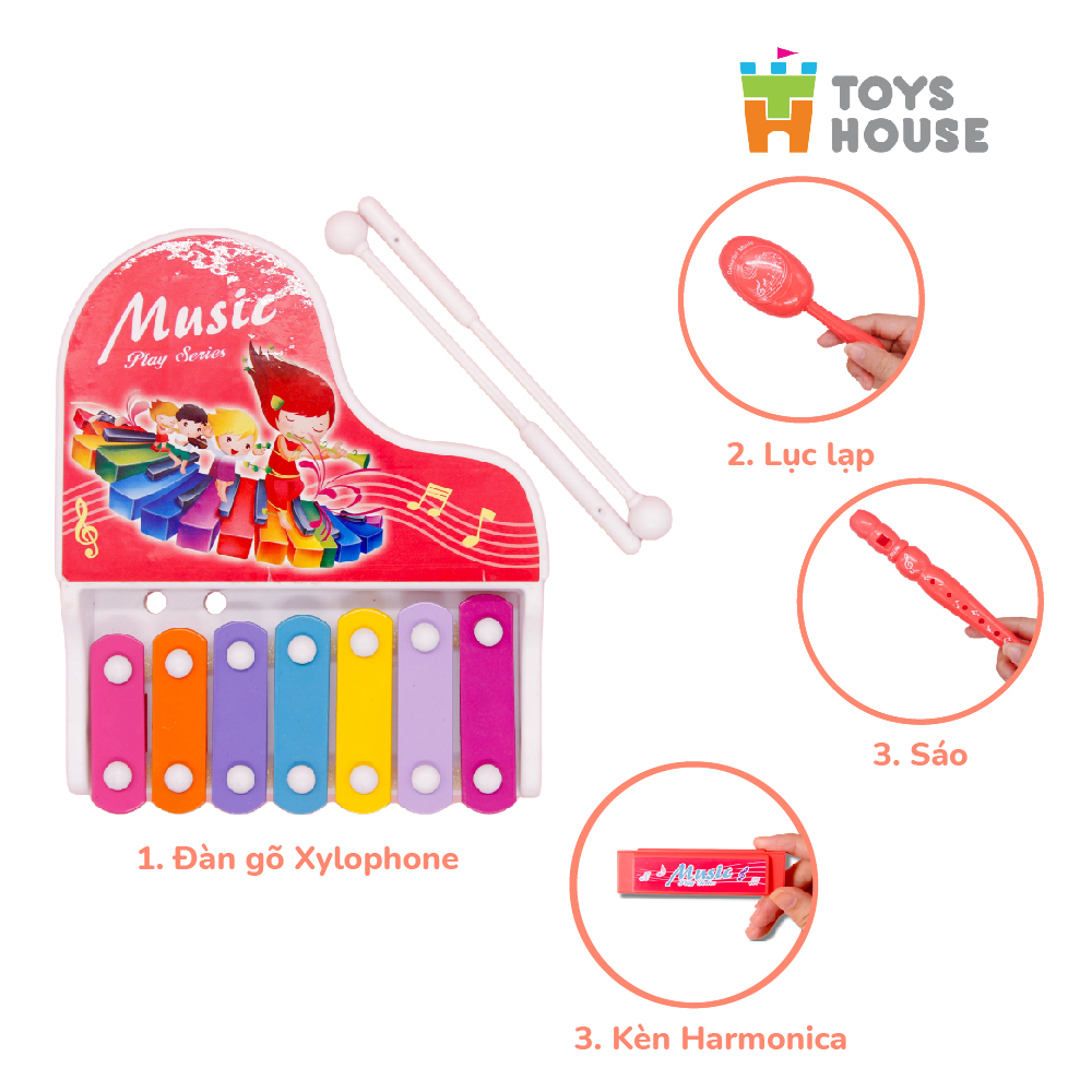 Đồ chơi đàn gõ Xylophone kèm sáo, lục lạc, kèn harmonica - Đồ chơi âm nhạc cho bé ToyHouse 682-9