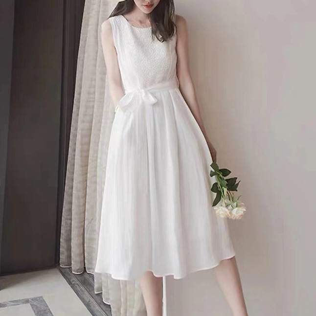 Váy trắng nữ tính khí ngọt ngào váy ren voan dài mã 7075
