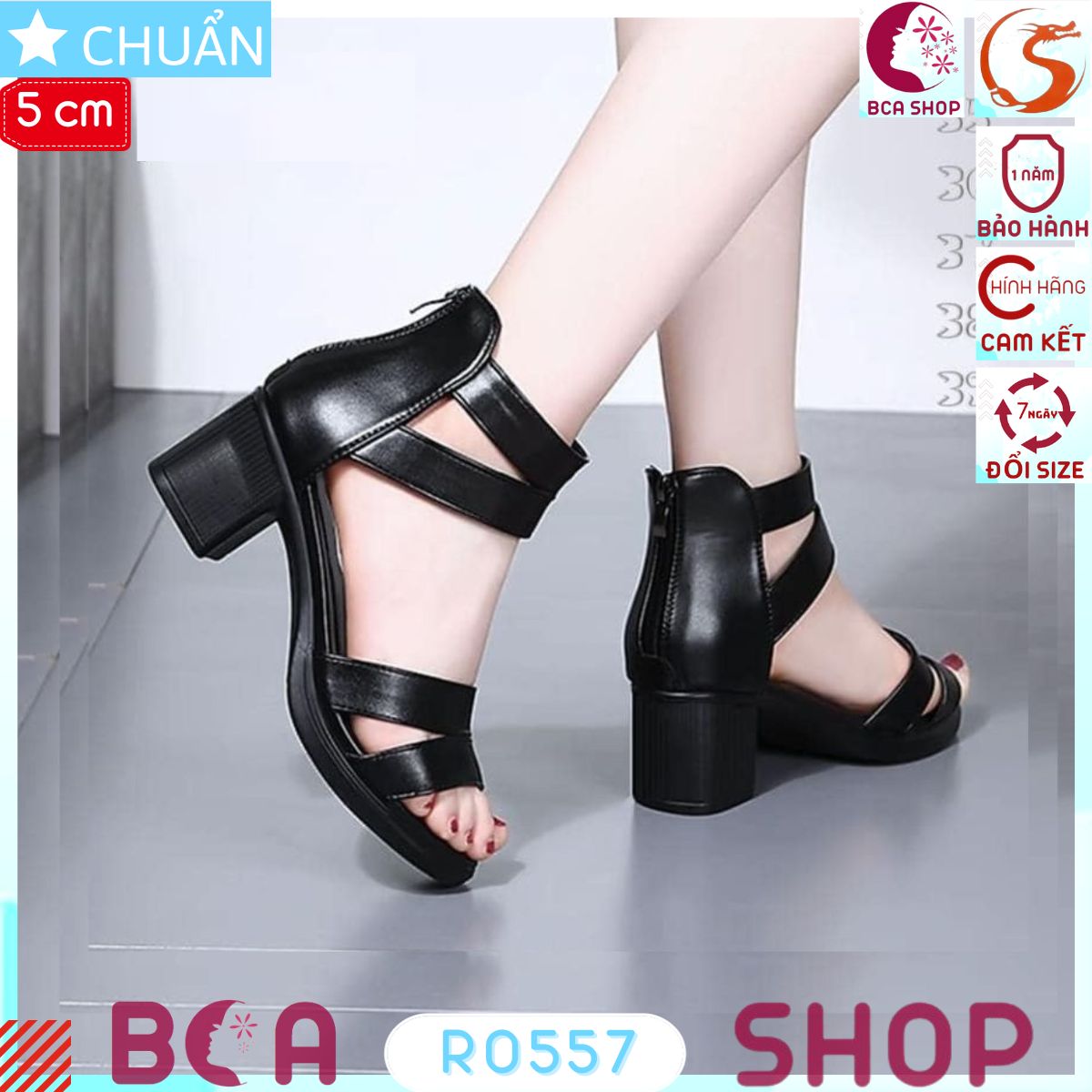 Giày sandal nữ 5p RO557 màu đen ROSATA tại BCASHOP thiết kế độc đáo với dây kéo phía sau kiểu giả bốt, đế sần thời trang