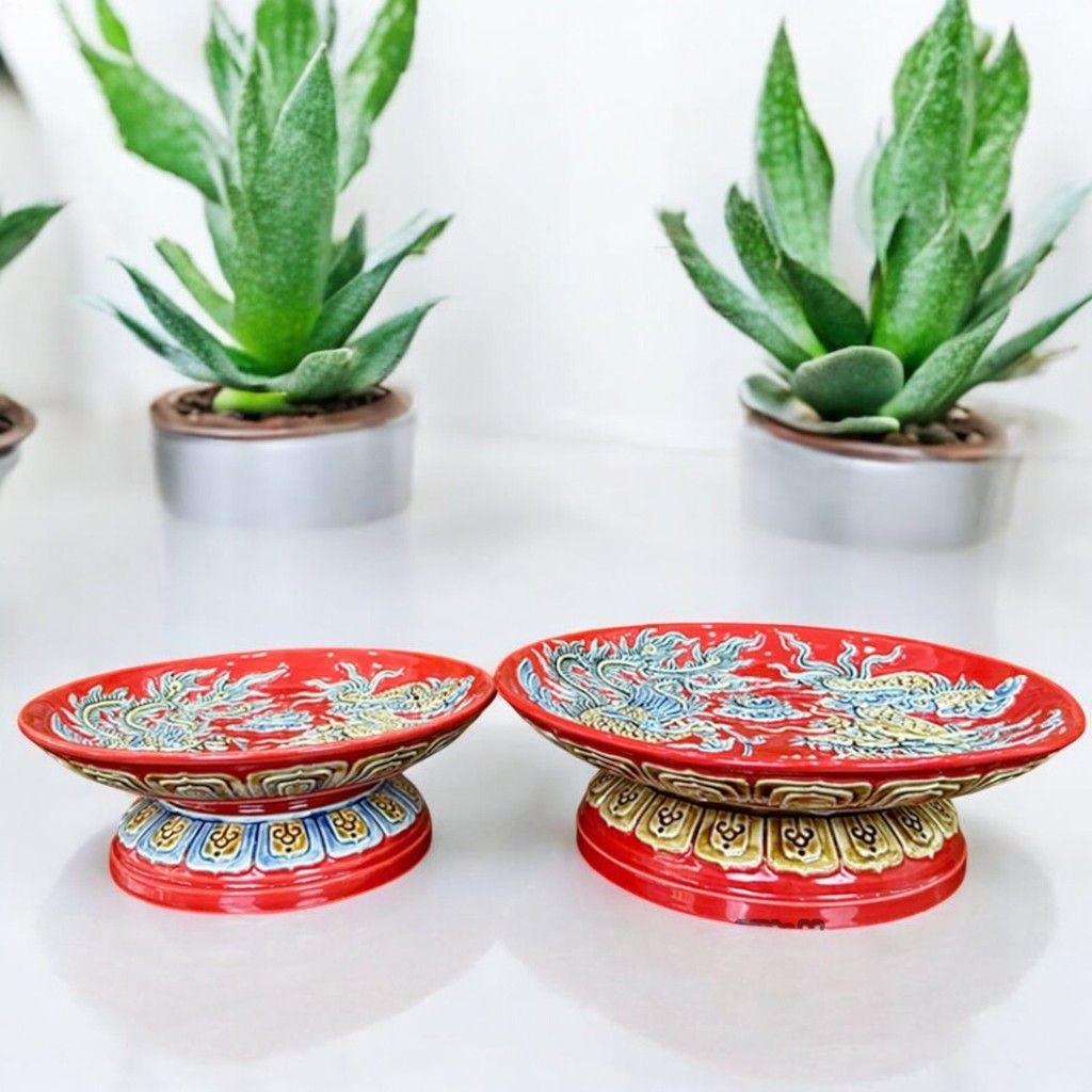 Mâm Bồng Đĩa Cúng Trái Cây Gốm Sứ RỒNG VIỆT Men Đỏ Bát Tràng Cao Cấp Trang Trí Bàn Thờ Đẹp