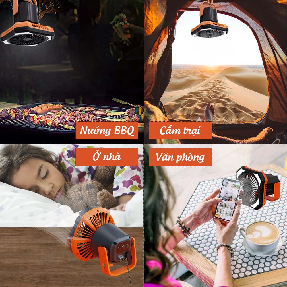 Quạt cắm trại đèn LED chiếu sáng lò nướng BBQ quạt khói có móc treo ngoài trời lều trại camping Legaxi