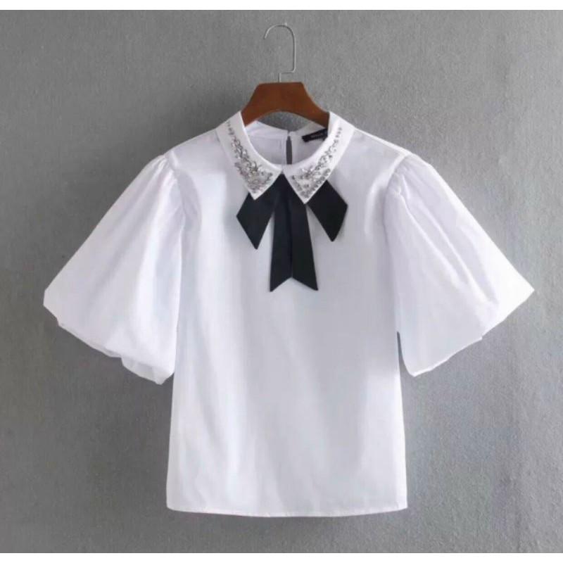 Áo sơ mi trắng trơn đính kết cổ nơ