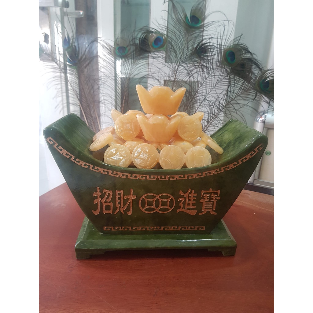 Tượng Chiếc Thuyền Phong Thủy Tài Lộc Chở Đầy Xiền Vàng Thỏi Vàng Quá Xá Đẹp Size Ngang 27cm x Cao 17cm x Sâu 13,5cm Thuyền Serpentine Xanh Thỏi Xiền vàng đẹp ơi là đẹp nặng 3,7kg may mắn tài lộc ạ