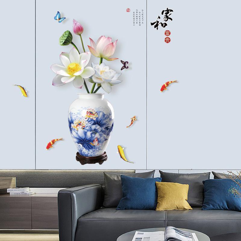 Decal dán tường Bình hoa 3D sen trắng