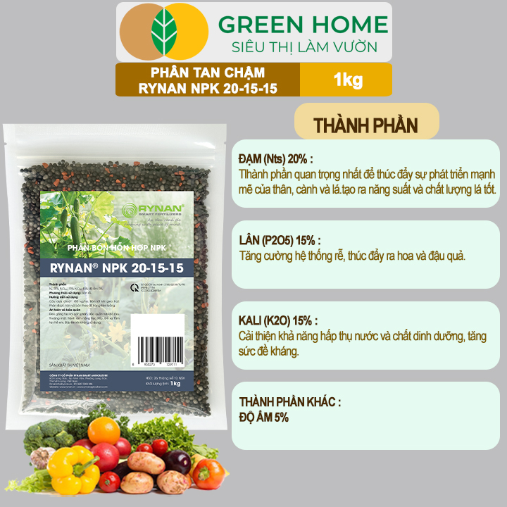 Phân Tan Chậm GreenHome, Rynan NPK 20-15-15, Túi 1kg, Dùng Cho Loại Cây Họ Leo Bầu Bí, Mướp, Dưa Leo
