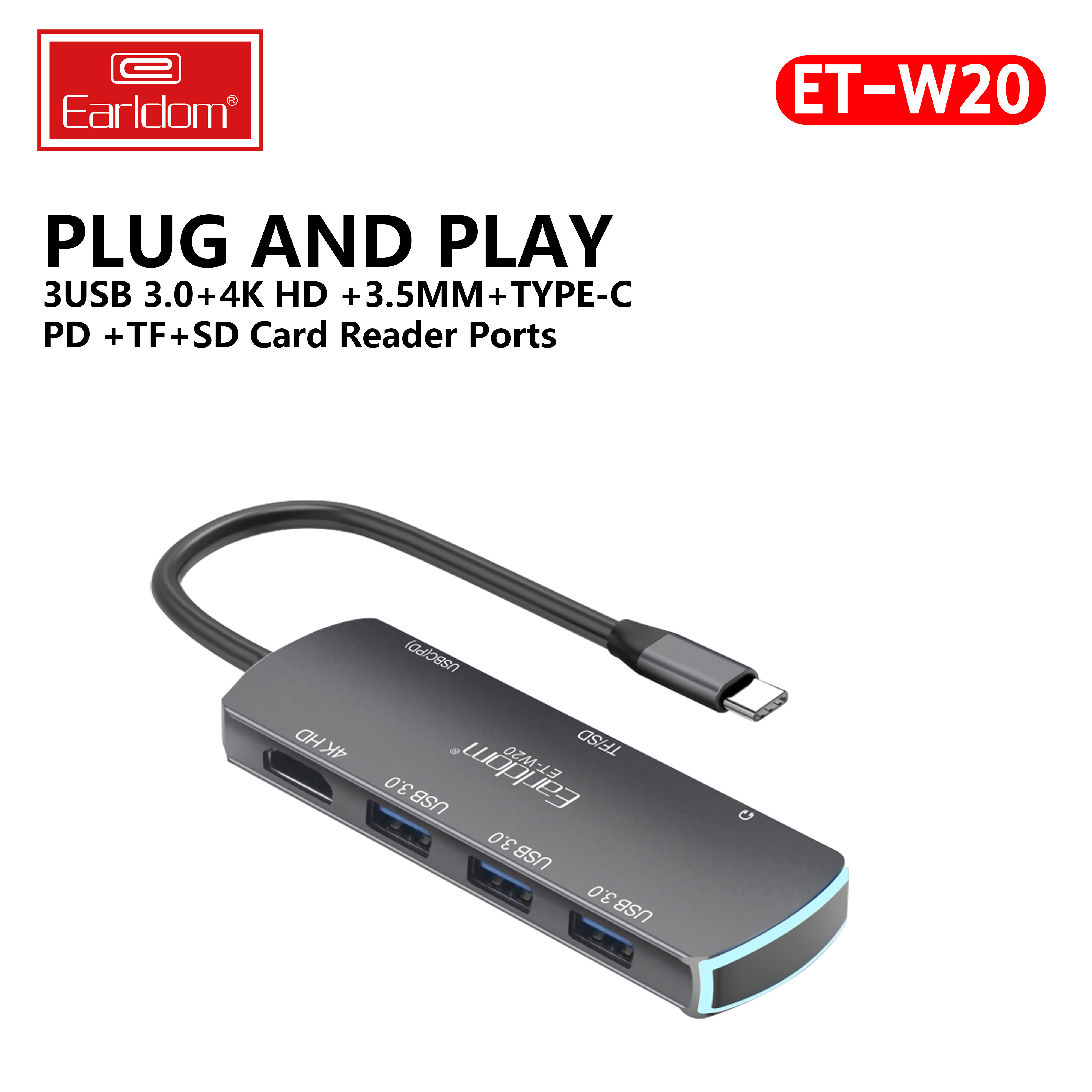 Cáp Chuyển USB Type C to HDMI 4K + 3 USB 3.0 + SD/TF + 3.5MM + USB C  Earldom W20 - Hàng Chính Hãng