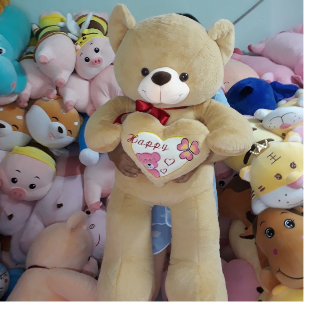 Gấu bông Teddy ôm tim - Size từ 1m1 đến 1m5 - Quà tặng gấu bông teddy vải lông tuyết mịn
