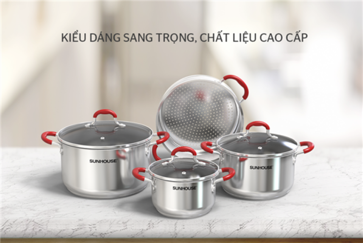 Bộ 3 nồi có xửng hấp inox 5 đáy SUNHOUSE SHG507 - Hàng chính hãng