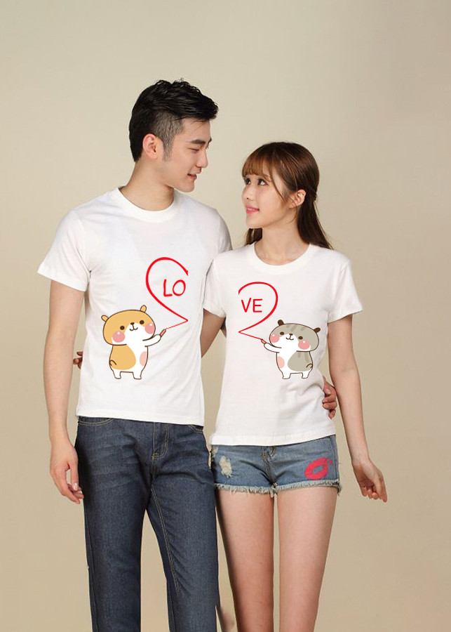 Bộ Áo Thun Đôi Chipi Mèo Love Màu Trắng Nam Nữ