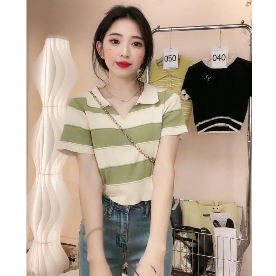Áo len Montoghi dệt kim CỔ BẺ CHỮ V sọc BẢN TO tay ngắn phong cách Hàn Quốc xinh xắn