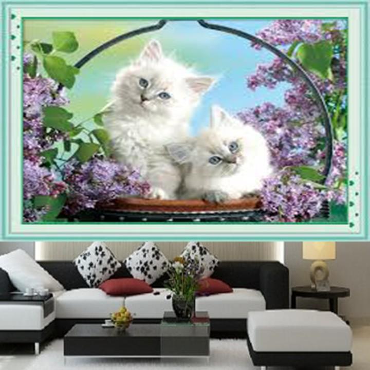 Tranh đá 2 chú mèo trắng đáng yêu VS411 - kích thước: 75 * 50cm.