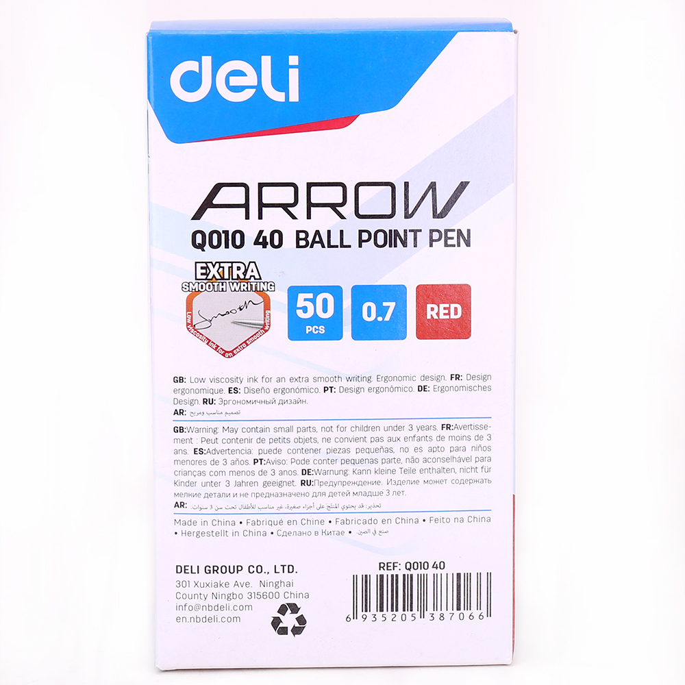 Hộp 50 Cây Bút Bi Dầu Nắp Đậy Arrow 0.7mm Deli EQ01040 - Đỏ