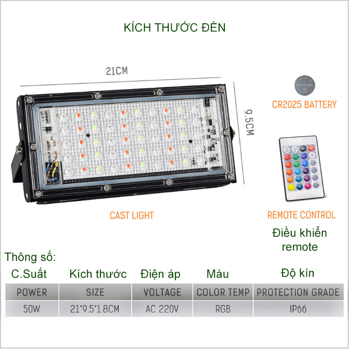 Đèn led pha đổi màu RGB loại 50W-220V kèm điều khiển từ xa-Remote, nhiều chế độ sáng